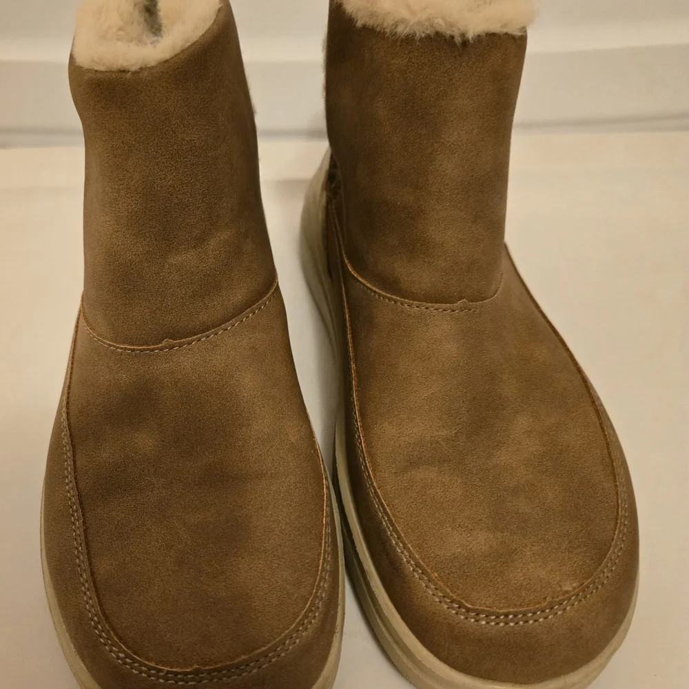 Hey Dude Kids Brown Suede Slip-On Boots with Gold Accent and Leopard Print